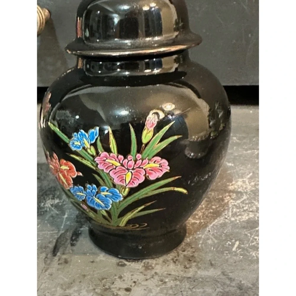 VTG Japanese Black Porcelain Ginger Jar Hummingbird Floral Iris Made‎ in Japan